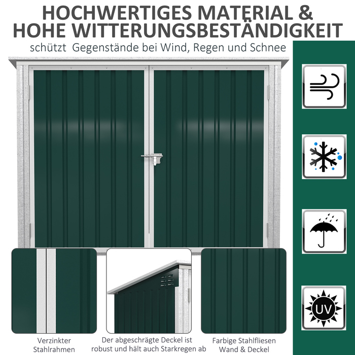 Ящик для сміттєвих баків Outsunny – міцна сталева коробка для зберігання та захисту двох сміттєвих баків. Розміри: 178,5 x 104,5 x 128,5/113 см. Забезпечує надійне зберігання та захист від несанкціонованого доступу завдяки замку. Колір: зелений.