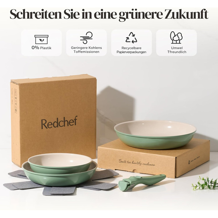 Набір сковорідок Redchef з знімними ручками, індукційні, керамічні сковороди з антипригарним покриттям, 6 предметів (20, 24, 28 см), економія місця, кераміка, без PTFE, PFOA та PFAS, зелений