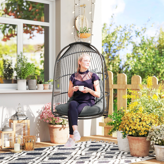 Підвісне крісло Підвісний кошик з подушкою Poly Rattan Swing Зовнішнє складне підвісне крісло з навантаженням до 150 кг Підвісне гойдалка Плетене підвісне крісло для вітальні Балкон Тераса Темно-сірий | Аосом