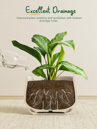 Керамічні горщики LE TAUCI з підставкою, 10+13+16 см, набір 3 шт. для кімнатних рослин, з дренажним отвором, бежева реактивна глазур