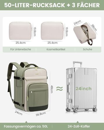 Рюкзак LOVEVOOK для ручної поклажі в літак, 40L, великий, для жінок, водонепроникний, для ноутбука 17 дюймів, кофр-рюкзак для подорожей, роботи, бізнесу, Weekender, оливково-зелений, світло-бежевий, оливково-зелений