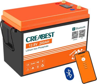 Акумулятор 12V 200Ah CREABEST LiFePO4, інтегрований BMS, Bluetooth, 2560 Вт, для автофургону, сонячної системи, поза мережею