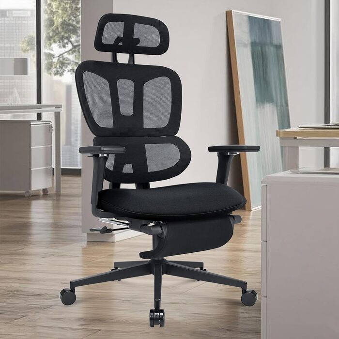 Ергономічне крісло для офісу з підніжкою, висока спинка, 2D підголівник, відкидні підлокітники, сидіння з губки, сітчастий офісний крісло, крісло для начальника, комп'ютерне крісло для дорослих, чорне