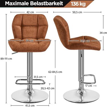 Барні стільці Yaheetech - набір з 4 шт., регульована висота, обертання 360°, з підніжкою, PU-шкіра, чорний/ретро-коричневий