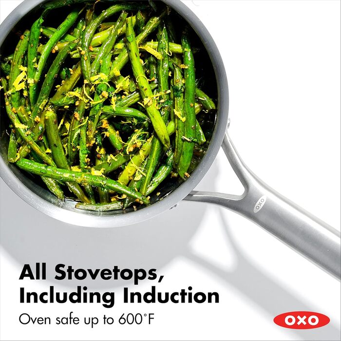 Набір каструль OXO Mira з нержавіючої сталі, 1,5 л та 3,57 л з кришкою, без PFAS, Multi Clad, для індукційних плит, придатні для миття в посудомийній машині та духовці, срібні