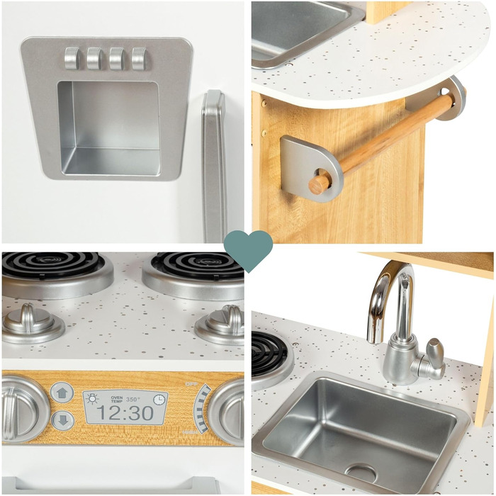 Дерев'яна дитяча кухня Mamabrum з LED-підсвічуванням та аксесуарами - 15 частин. Комплект: плита, духовка, мікрохвильова піч, холодильник, кран та іграшкова кухонна утвар для дітей