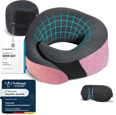 Подушка для шиї Proglobe, 100% Memory Foam, ортопедична, для подорожей (літак, авто, поїзд), з маскою для сну, сітчаста сумка (рожева)