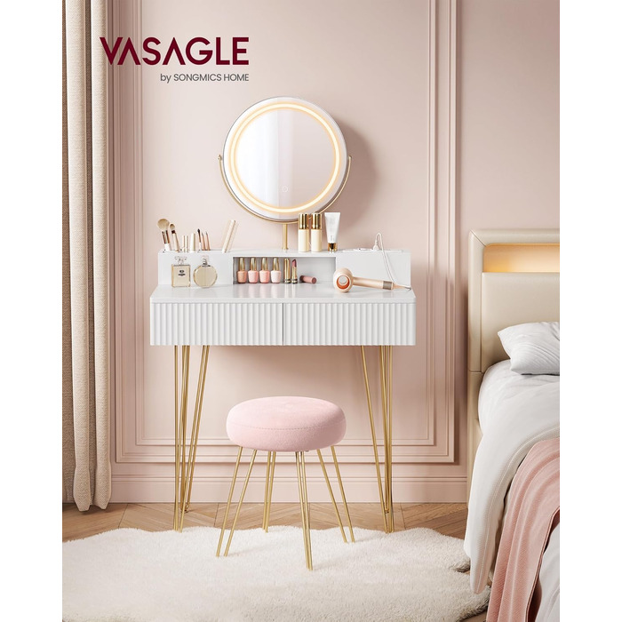 Туалетний столик VASAGLE з дзеркалом, пуфом та підсвіткою, розеткою, 40x80x134,8 см, з шухлядами, матовий білий/світлозолотий, RVT019W01 80B