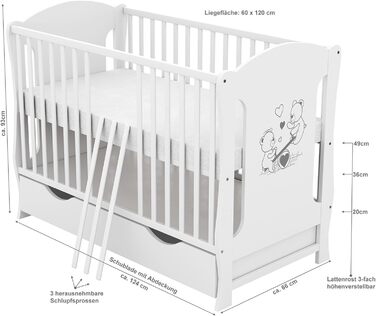 Дитяче ліжко Baby Delux 60x120 біле розкладне молодше ліжко з ящиком, матрацом і мотивом Teddy Rocker