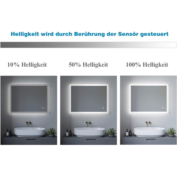 Дзеркало для ванної кімнати AQUABATOS 50x70 см LED з підсвічуванням, сенсорним вимикачем, регулюванням температури світла (6400K), IP44, CE, енергозберігаюче, серія Echos