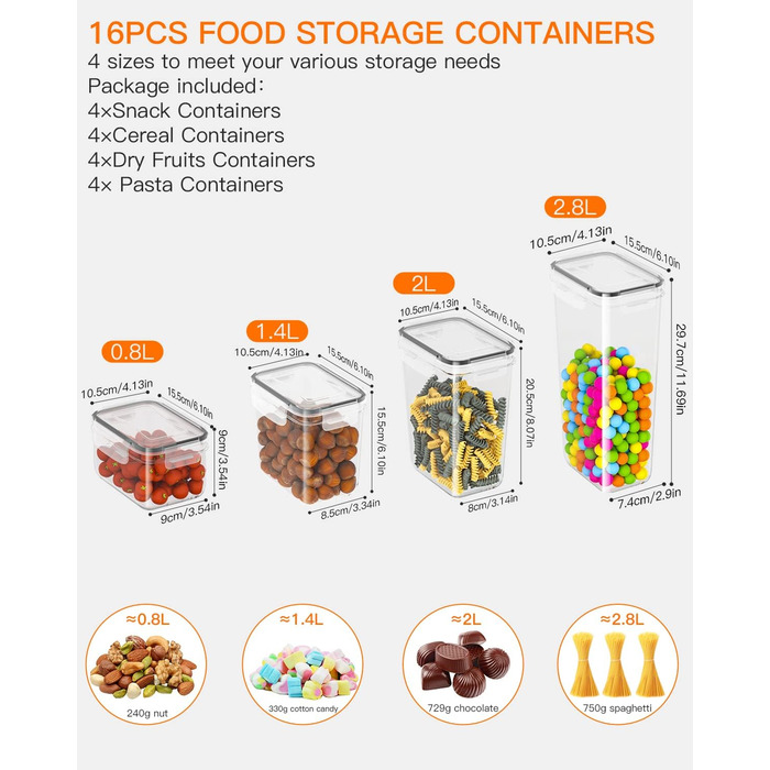 Набір з 16 герметичних банок для зберігання з кришками, етикетками та ложками для кухні, спагетті, борошна, мюслі