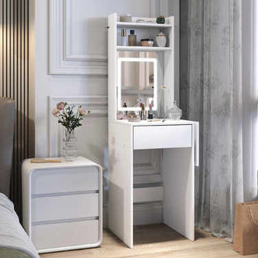Компактний туалетний столик зі дзеркалом та LED-підсвіткою, відкидна стільниця, відкриті полиці, ящик для зберігання, виготовлений з МДФ, колір білий