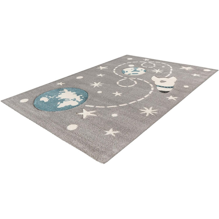 Килимок Qiyano для дитячої кімнати Ігровий килимок з космічною ракетою та зірками Ігровий килимок контурне вирізання 3-D оптики, мотив ракета, колір сірий, розмір 80 х 150 см 80 х 150 см Grau100