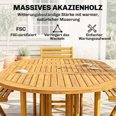 Набір садових меблів з дерева FSC, 7 предметів: розкладний стіл та 6 розкладних стільців, отвір для парасольки, ламельний дизайн