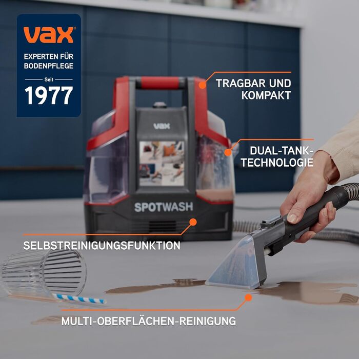 Vax SpotWash Duo: Портативний відпарювач для килимів та м'яких меблів з насадкою для тварин, аксесуари для щоденного прибирання, для різних поверхонь, з розчином для чищення (Spotwash EU)