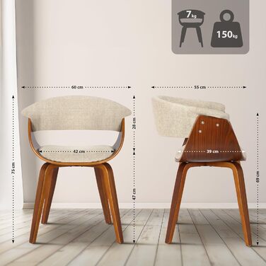 Стільці для їдальні CLP Bruce з тканинним покриттям, дерев'яним каркасом, чорного кольору для їдальні або кухні | Крісло витримує до 150 кг, колір: Кремовий, колір каркасу: горіх (горіх)