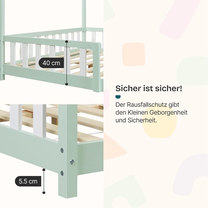 Дитяче ліжко Hesel Hausbett: біле, з бортиками та ламелями, Montessori, 120x200 см