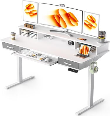 Регульований за висотою стіл WALKINGDESK з електроприводом, 160x60 см. Стіл для комп'ютера з ящиками та підставкою для клавіатури, білий. Підходить для дому та офісу.