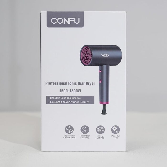 Фен CONFU Professional Ion 1800 Вт, компактний з насадкою для укладання, 2 швидкості, сірий