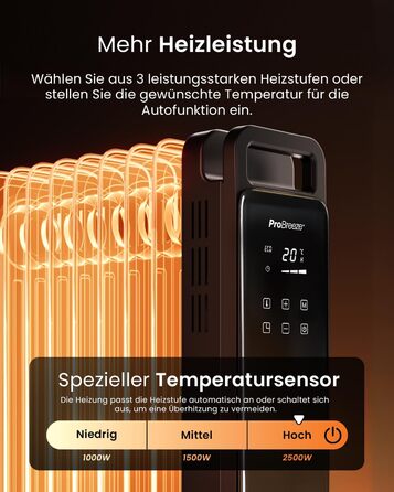 Електричний масляний радіатор Pro Breeze OmniWarm 2500W з 11 секціями, чорний - енергозберігаюча теплова панель з термостатом, таймером та захистом від перегріву