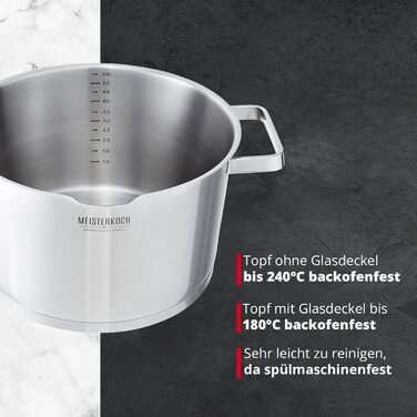 Каструля Meisterkoch з нержавіючої сталі 16 см Ø | з виливом, мірною шкалою та ізольованою ручкою | 1 скляна кришка з дрібним та великим ситом | посуд з нержавіючої сталі, підходить для індукційних плит (24 см)