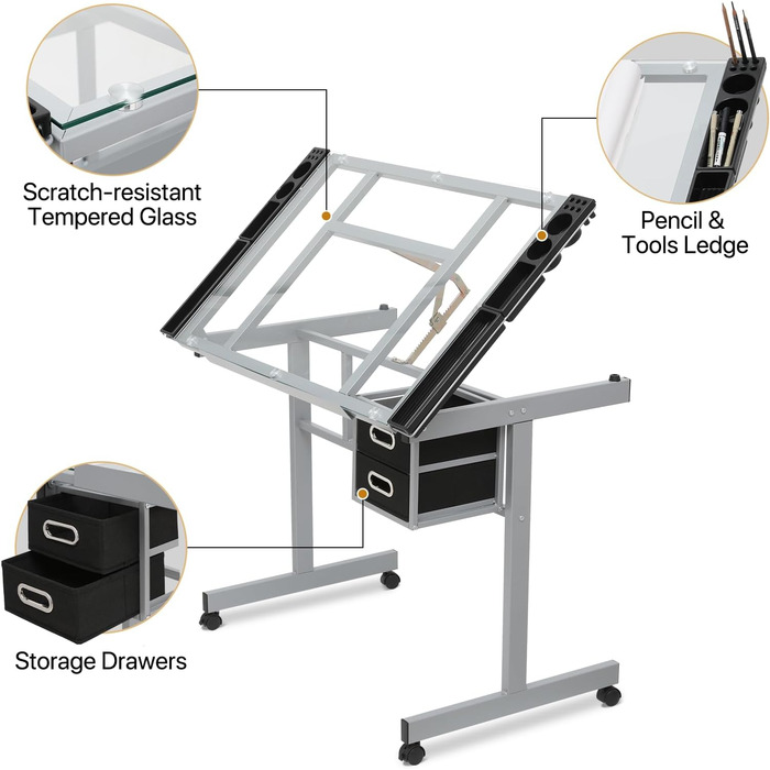Регульований стіл для малювання Magshion з нахиленою скляною стільницею, переносний з 2 шухлядами та колесами, для художників, студентів (прозорий)