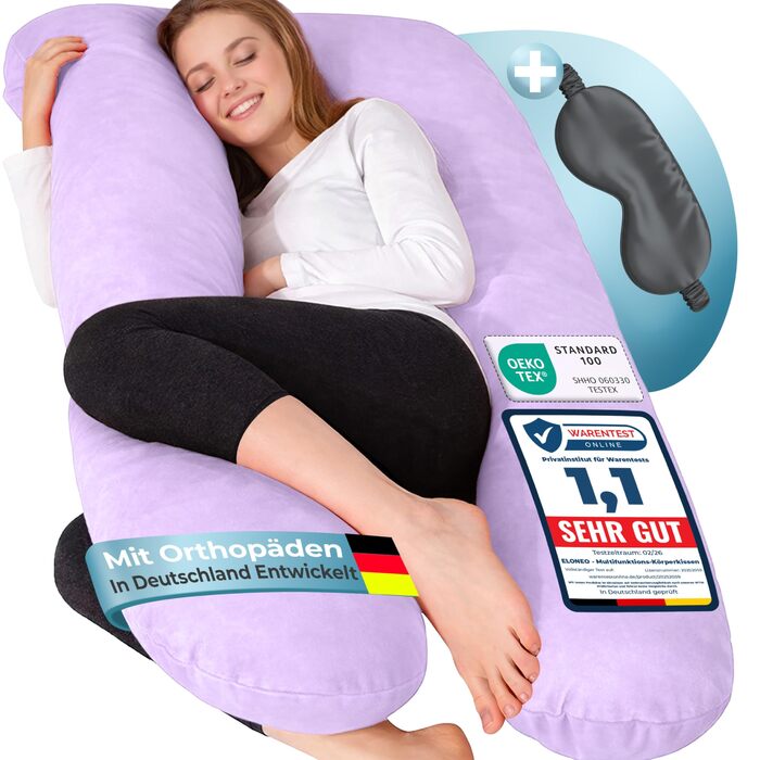 Подушка для вагітних ELONEO NEU для сну на боці, подушка для годування, XXL, фіолетова, знімний чохол, подушка для читання, пральна