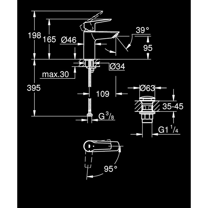 Змішувач для ванної кімнати GROHE Start, економічний, холодна вода в середній позиції, з Pop-Up клапаном, хром, 23551002 (Push-Open, водозберігаючий)