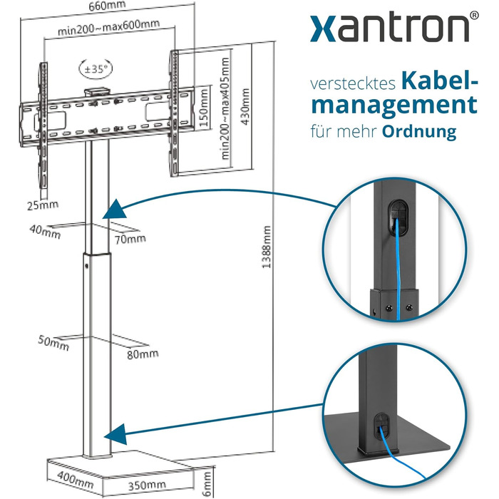 Підставка під телевізор Xantron регулюється по висоті для телевізорів до 75 дюймів, з полицею, не перекочується