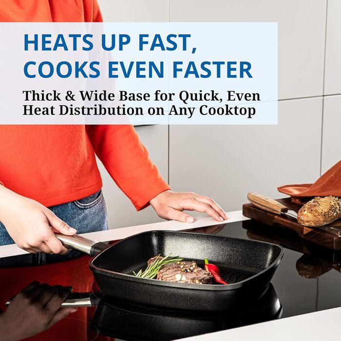 Сковорода-гриль Westinghouse PERFORMANCE SERIES 28 см з нержавіючої сталі, для індукції, газової плити, духовки, з антипригарним покриттям, алюміній, чорна