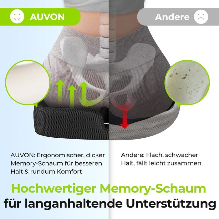 Ортопедична подушка для сидіння AUVON для офісного та автомобільного крісла, кільце для геморою, ергономічна - товстий пінополіуретан Memory Foam, міцна підтримка куприкової області та зняття болю, комфортне сидіння та покращення кровообігу