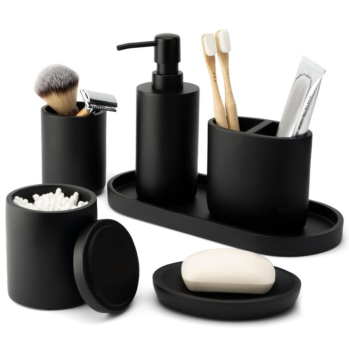 Набір аксесуарів для ванної кімнати 6 шт. чорний мат: органайзер, мильниця, стакан для зубної щітки, піднос