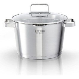 Каструля Meisterkoch з нержавіючої сталі 16 см Ø | з виливом, мірною шкалою та ізольованою ручкою | 1 скляна кришка з дрібним та великим ситом | посуд з нержавіючої сталі, підходить для індукційних плит (24 см)