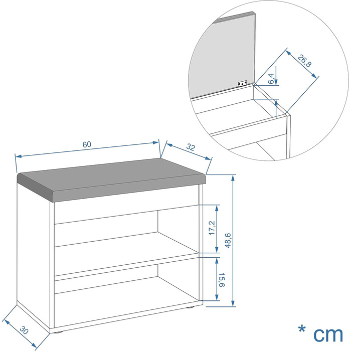 Лавка для взуття з сидінням - Полиця для взуття Лавка з місцем для зберігання Біла маленька тумба для взуття з лавкою Лавка для взуття в передпокої Лавка для шафи Софія (60 x 48 x 32 см, Горіх Оббивка (сіра)