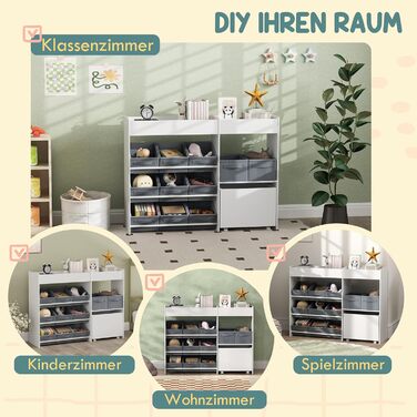 Дитяча полиця AIYAPLAY з 11 ящиками для зберігання, книжкова полиця для дітей, органайзер іграшок, полиця для дитячої кімнати з верхніми секціями, 3 наклейки для дитячої кімнати/садочка, 105 x 30 x 80 см, білий