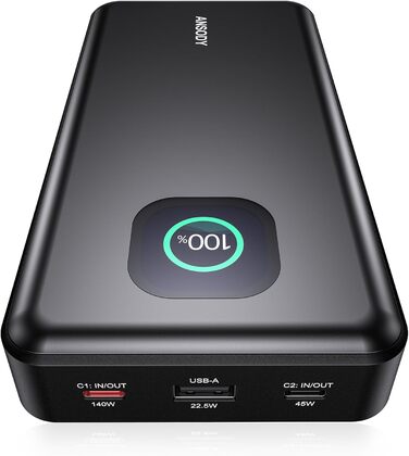 Power Bank 140W, 25000mAh з дисплеєм для ноутбука, MacBook, iPad, iPhone, Switch. Швидка зарядка PD3.1 (Сірий)