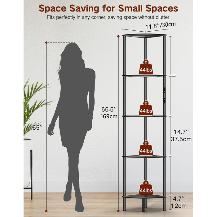 LED торшер з полицею, 3 режими світла, димування (сенсор/пульт), кутова полиця 5 рівнів, вузька книжкова шафа для вітальні, спальні, офісу, чорний