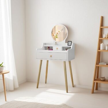 Дзеркальний туалетний столик DATO з LED-підсвічуванням, 3 режими кольору та регулюванням яскравості, з пуфом, 5 шухляд та 3 полиці, розсувний дзеркало (121)