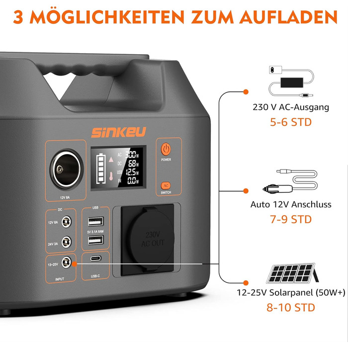 Портативна електростанція SinKeu 296 Втгод, сонячний генератор із розеткою змінного струму 230 В 300 Вт, 12 В постійного струму, USB, Type-C, світлодіодне світло, акумулятор генератора аварійного живлення для кемпінгу, в дорозі, відключення електроенергії