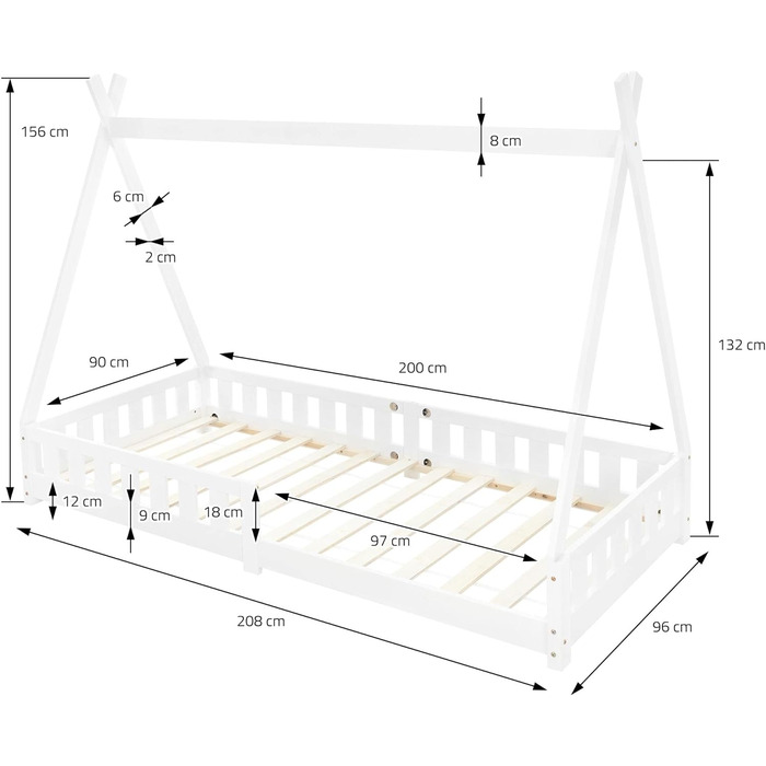 Дитяче ліжко ML-Design Teepee із захистом від падіння з висоти та рейковим каркасом, Соснова деревина, Індійське Ліжко з масиву дерева для дівчаток та хлопчиків, Ліжко-будиночок з огорожею Дитячий будиночок Молодіжне ліжко Ігрове ліжко Намет (90x200 см, Б