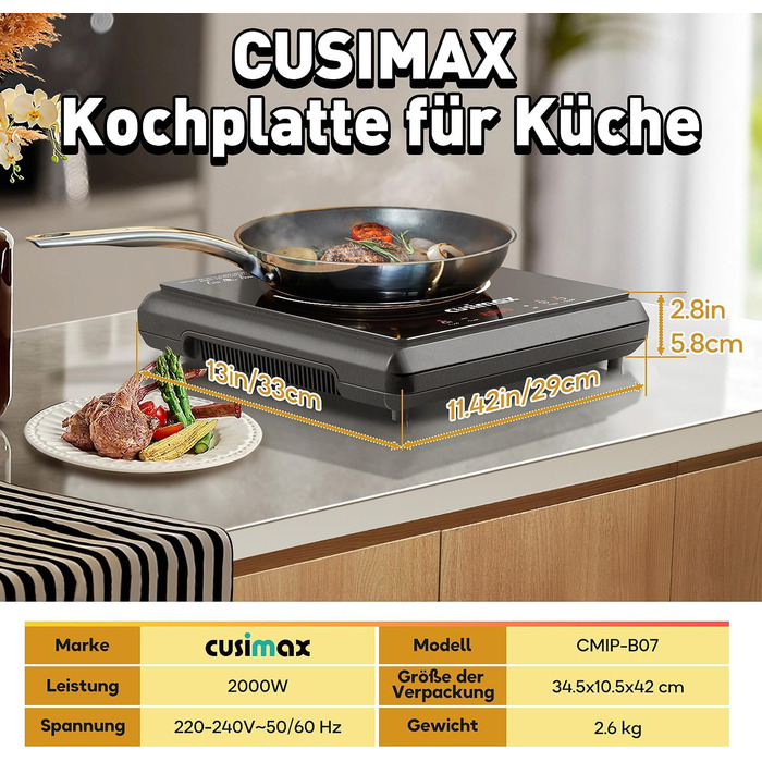 Двохконфорочна індукційна плита CUSIMAX 3500W з LED дисплеєм та сенсорним керуванням, склокераміка, захист від дітей