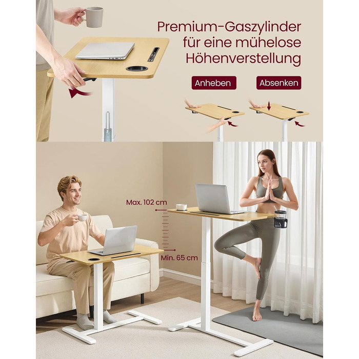 Приставний столик VASAGLE на колесах, мобільний, з великою стільницею, регульована висота, 2 тримачі для напоїв, слот для телефону/планшету, LSD600W01 (80x45 см, горіх золотистий)