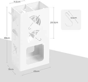 Підставка для парасоль під WOLTU, 2 слоти, з 4 гачками, металева, біла, 25x49x15 см