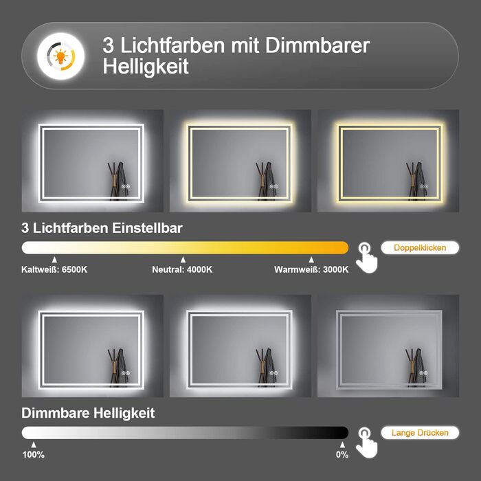 Дзеркало для ванної кімнати Badspiegel 70x50 см з підсвічуванням 3 кольори, сенсорне керування, прямокутне, LED, енергоклас A++