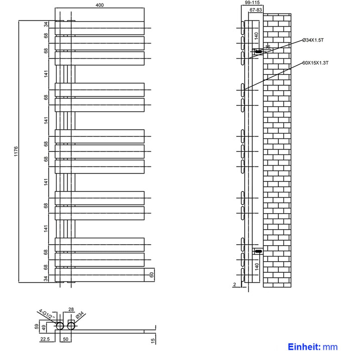 Електричний нагрівач для ванної кімнати Heilmetz Badheizkörper: сушарка для рушників, 400x1176 мм, білий, 494W, бічний підключення
