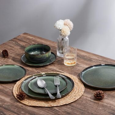Набір посуду Joyfair на 6 осіб (18 предметів), кераміка, темно-зелений, для мікрохвильовки та посудомийної машини. Елегантний гладкий дизайн.