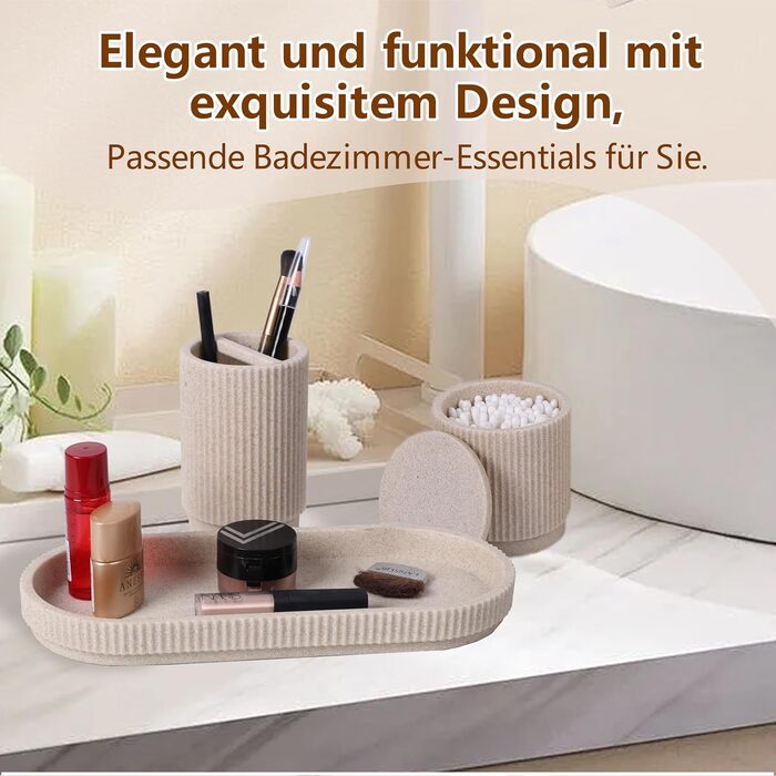 Набір для ванної кімнати 6 предметів: дозатор для мила, стаканчик для зубної щітки з підносом та коробочка для ватних паличок – смугастий дизайн, високоякісна смола (бежевий)