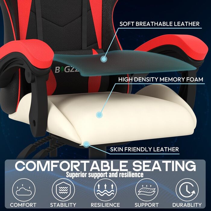 Ігровий крісло Bigzzia Ergonomiczne з підголівником та підлокітниками (Чорно-червоний, з підігрівом)