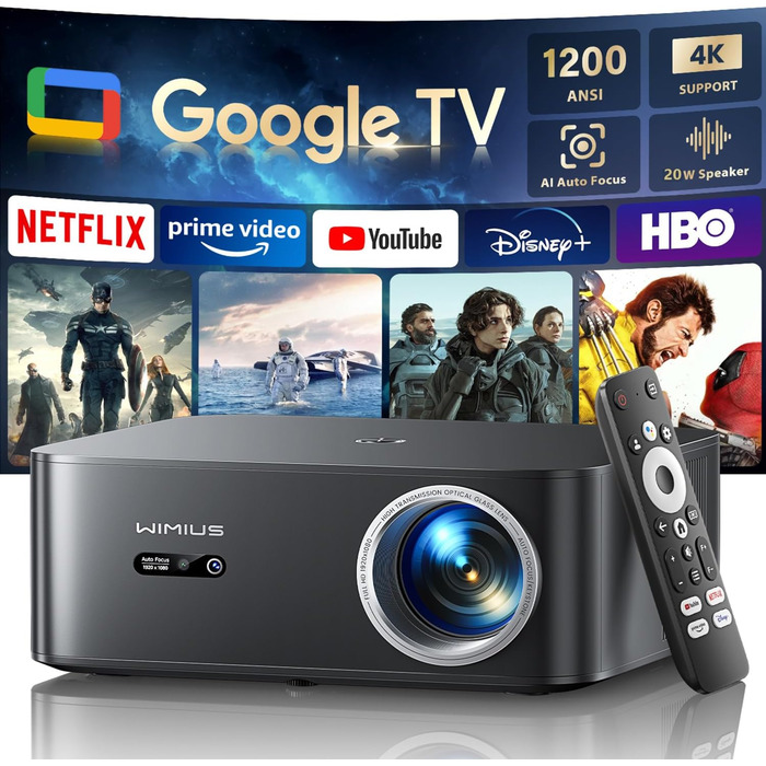 Beamer 4K для дому з Google TV, 1200 ANSI, Netflix, FHD 1080p, автофокус, корекція трапеції, 20W, WiFi6, Bluetooth, для вулиці, чорний
