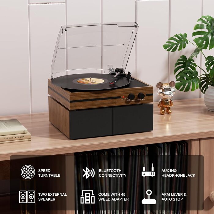 Вініловий програвач Bluetooth з стереодинаміками та USB, RCA-вихід, дерев'яний корпус, грамофон для домашніх розваг (колір кави)